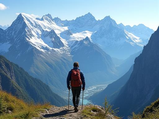 Wanderer mit weitem Blick auf die majestätischen, schneebedeckten Gipfel der österreichischen Alpen unter einem klaren blauen Himmel