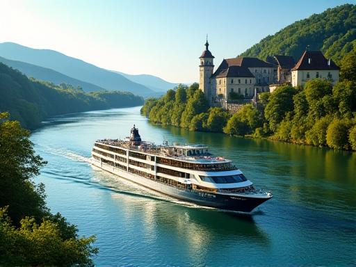 Ein elegantes Flusskreuzfahrtschiff gleitet ruhig durch die malerische Wachau an der Donau, gesäumt von Weinbergen und historischen Burgen
