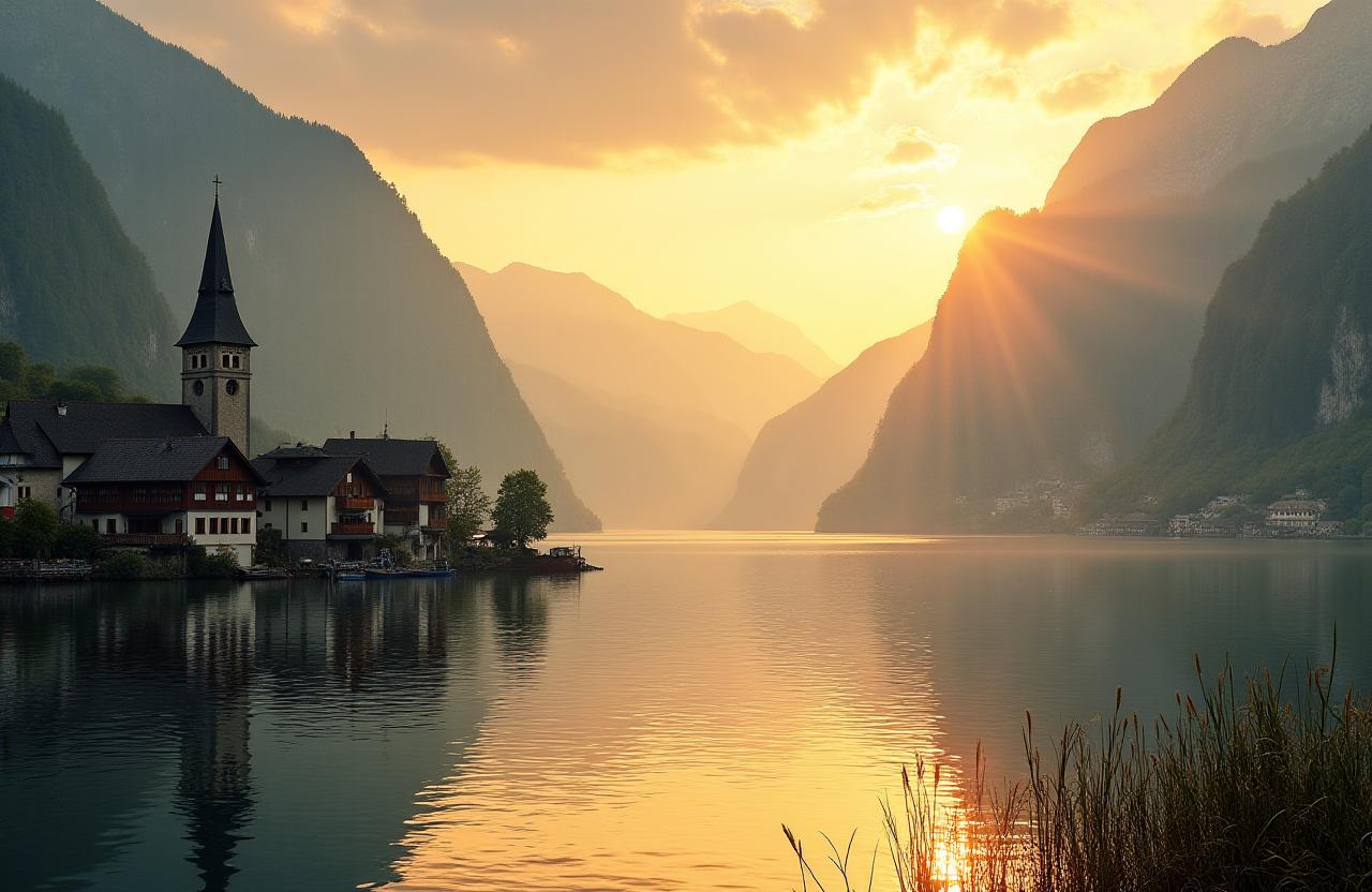 Atemberaubender Blick über den Hallstätter See bei Sonnenaufgang mit traditionellen Holzhäusern und dem ruhigen See